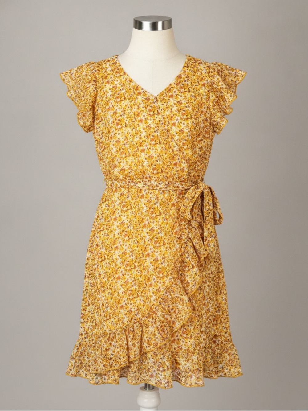 Francesca's Collections Yellow Floral Wrap Dress with Ruffle Trim